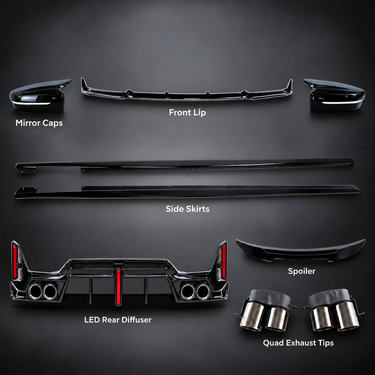 BMW G20 LCI Aero Kit - mirror caps, front lip, side skirts, LED rear diffuser, spoiler and quad exhaust tips